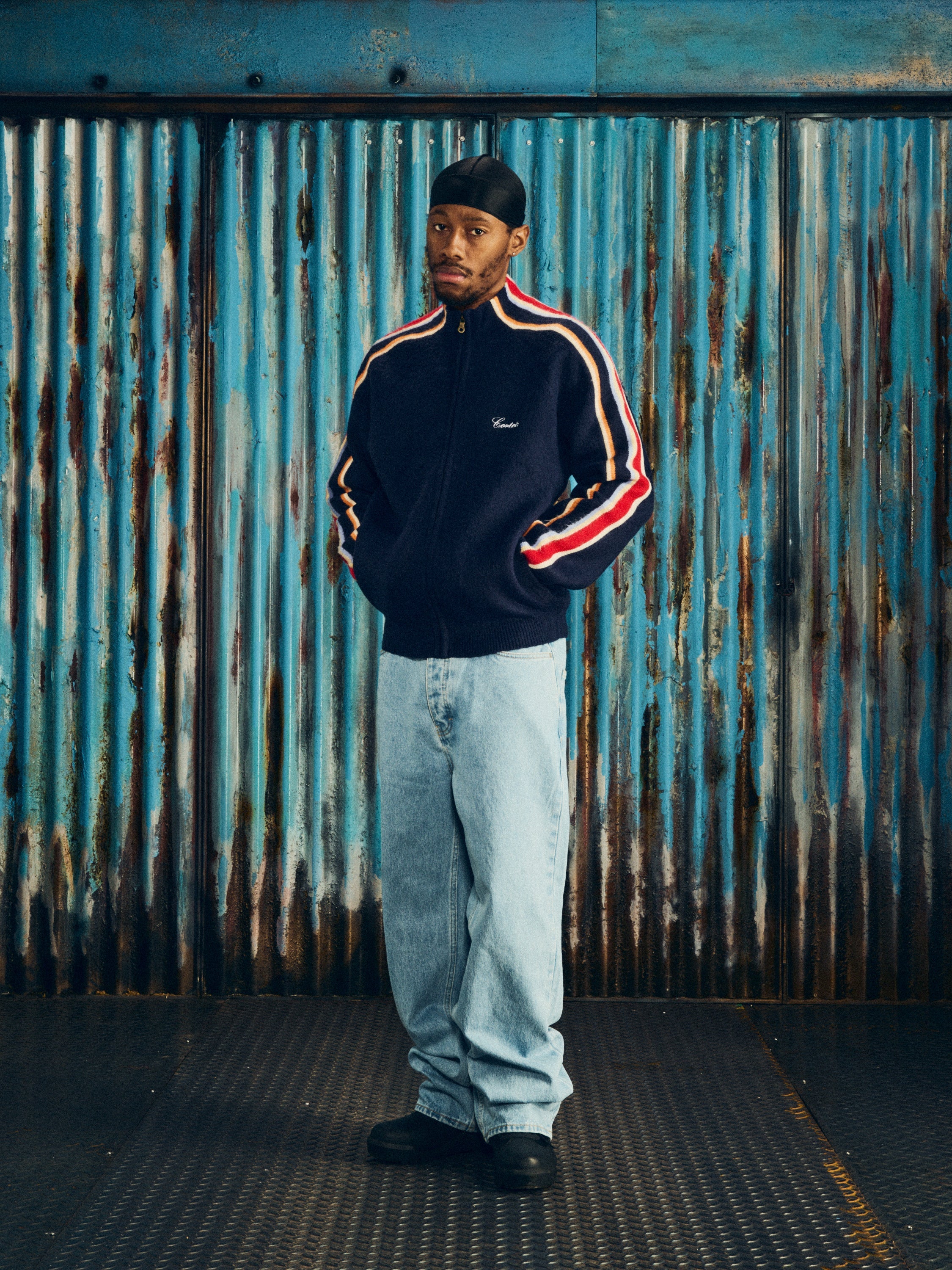 MULTI STRIPE KNIT ZIP UP [NAVY]